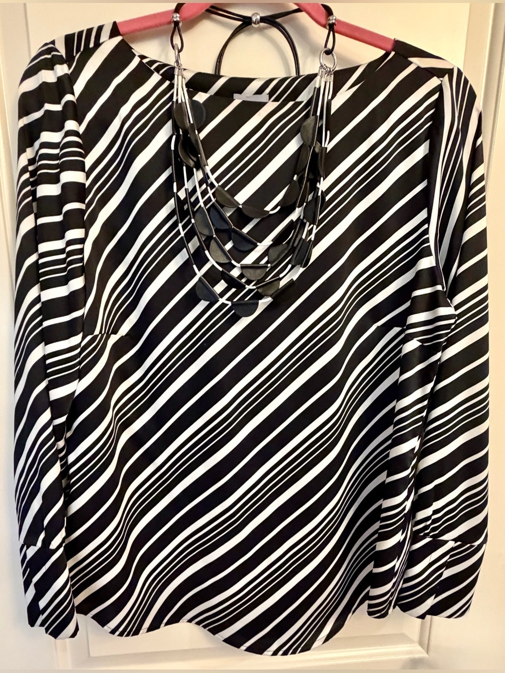 Chico's Bold Black & White Wavy Diagonal Stripe Knit Top - Boatneck